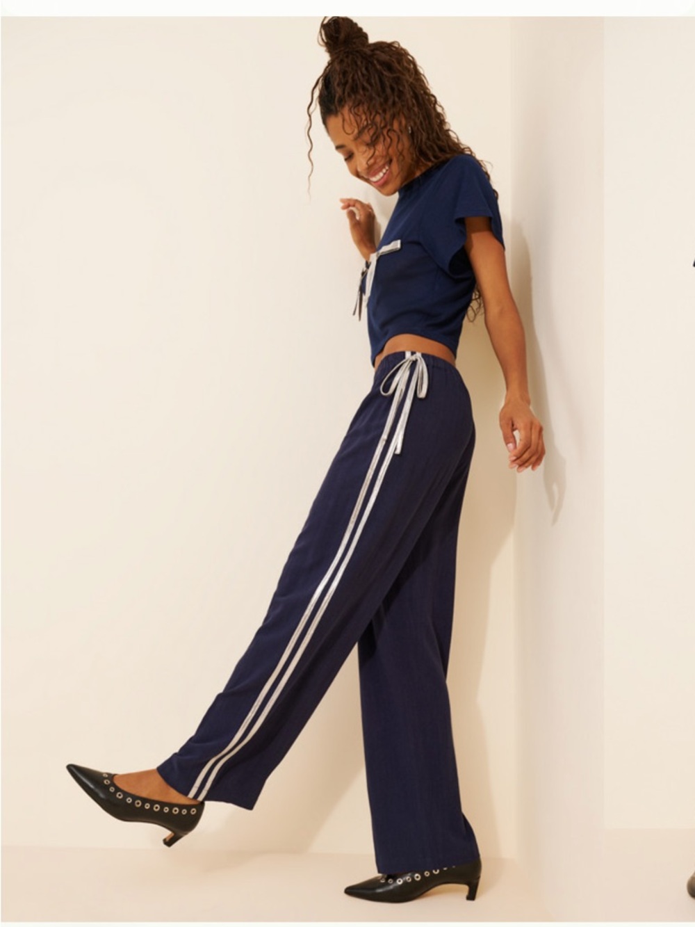 Fashion Brand Company Navy Blue Wide-Leg Track Pants with White Stripes